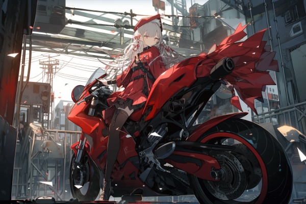 red futeristic motorcycle, dynamic angle, dynamic futer city in background, insane detailed, hyper mechanics, dutch angle, moody lighting, romantic, dark tone --ar 3:2 --s 1000 --niji 5