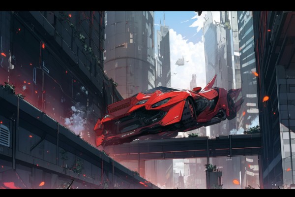 red futeristic vehicle, dynamic angle, dynamic future city in background, insane detailed, hyper mechanics, dutch angle, moody lighting, romantic, dark tone, 4k, speed lines, motion effects --ar 3:2 --niji 5
